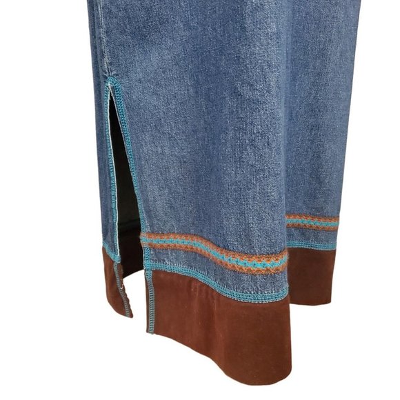 Vintage 90s Western Denim Jean Pinafore Dress Long Maxi Sleeveless Suede Sz M/L - Picture 5 of 9